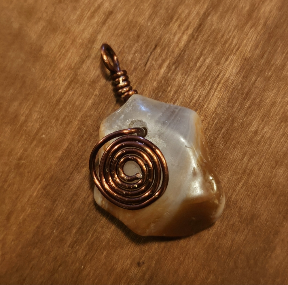 Handcrafted banded Agate Pendant with Copper Wire Spiral